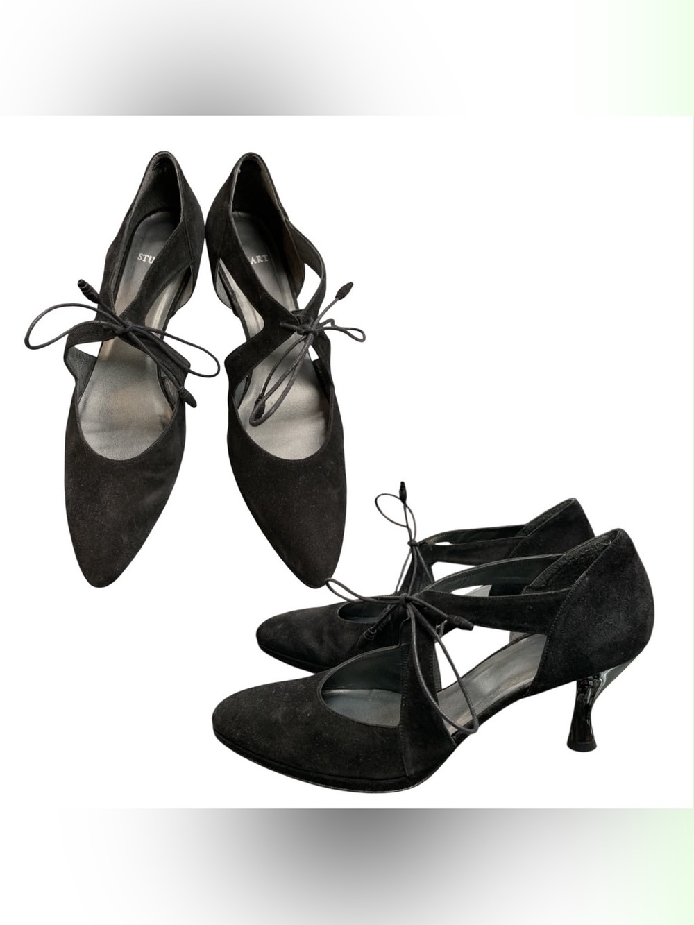 Stuart Black Suede Pointed-Toe Lace-Up Heels S9